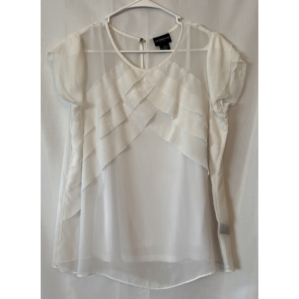 Liz‎ Claiborne Women's 2 Pc 100% Poly White Sheer Ruffle Blouse & Cami M